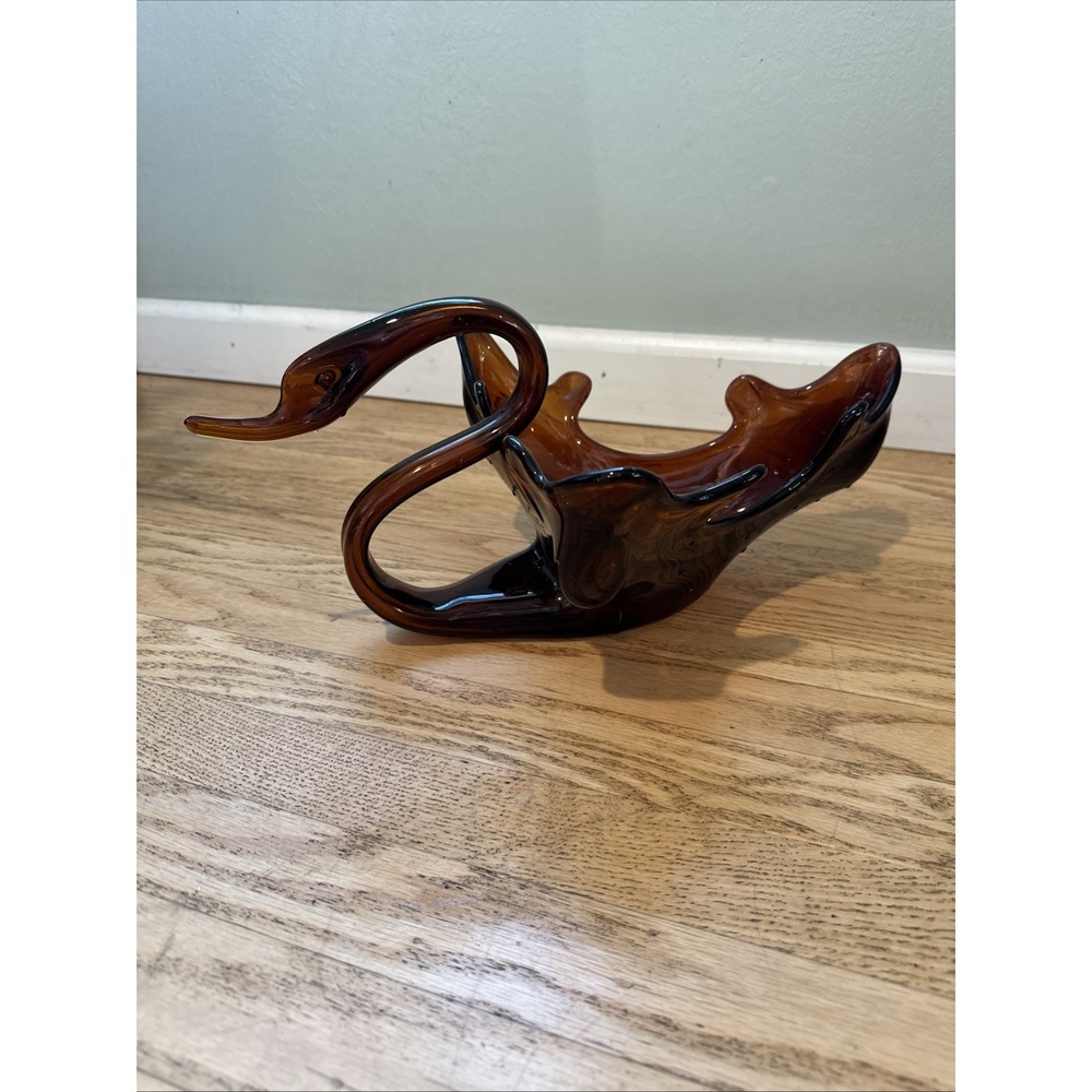 Vintage Murano Sooner Style Glass Swan Figurine Centerpiece Hand Blown Amber MCM